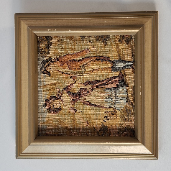 Vintage framed Embroidery Tapestry French Courtship Scene Galente Style France - Picture 5 of 16